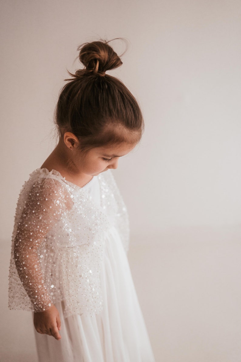 Little Chloe White Girls Boho Dress Tulle & Sequins Vintage Dresses For Children Bohemian Natural Clothing Kids Little Retro Fashion 画像 3