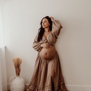 Naomi Damen Boho Zweiteiler Kleid Musselin Vintage Top und Rock Kleid für die Mutterschaft Session Fotorequisiten Schwangerschaft Fotoshooting cappuccino