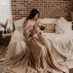 Madlen Women's Boho Dress Muslin Vintage Dress Dress For The Session Maternity Dress Photo Props Dress For Pregnancy Photo Shoot beige