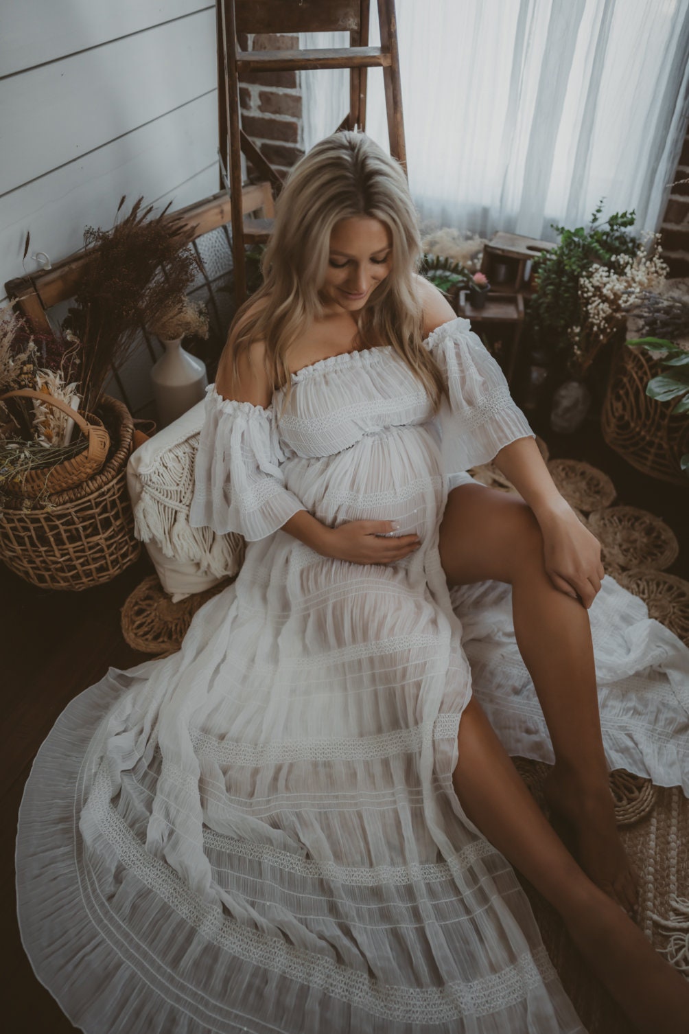Maternity solid white lace off on sale shoulder dress