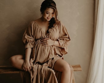 Yana Women's Boho Dress | Linen Look Vintage Dress For The Maternity Session | Photo Props | Pregnancy Photo Shoot