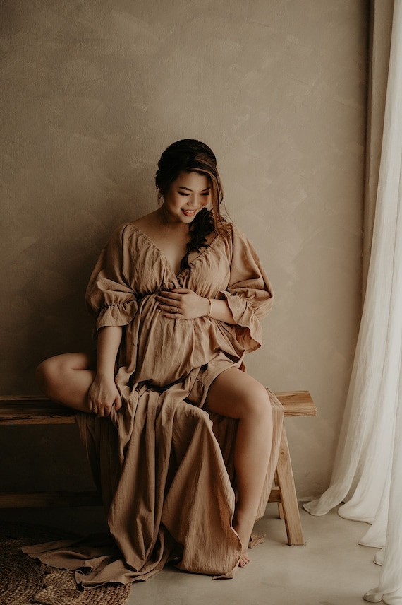 Yana Boho Maternity Dress: Vintage Linen Look, Pregnancy Photo Prop