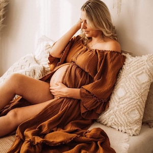 Leila Women's Boho Dress Muslin Vintage Dress Dress For The Session Maternity Dress Photo Props Dress For Pregnancy Photo Shoot caramel