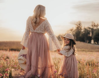 Vestido Boho de Little Lena Girls / Vestidos vintage de tul y encaje para niños / Ropa natural Boho / Moda retro para niños