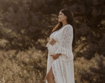 slim fit dress slacks White Lace See-Through Thigh-High Slit Maternity Photoshoot Dress, White / M main image 0