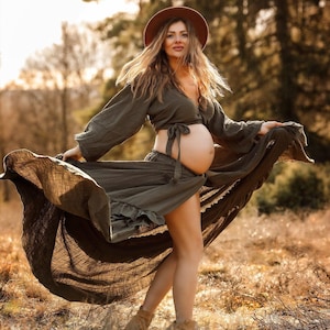 Naomi Damen Boho Zweiteiler Kleid Musselin Vintage Top und Rock Kleid für die Mutterschaft Session Fotorequisiten Schwangerschaft Fotoshooting khaki