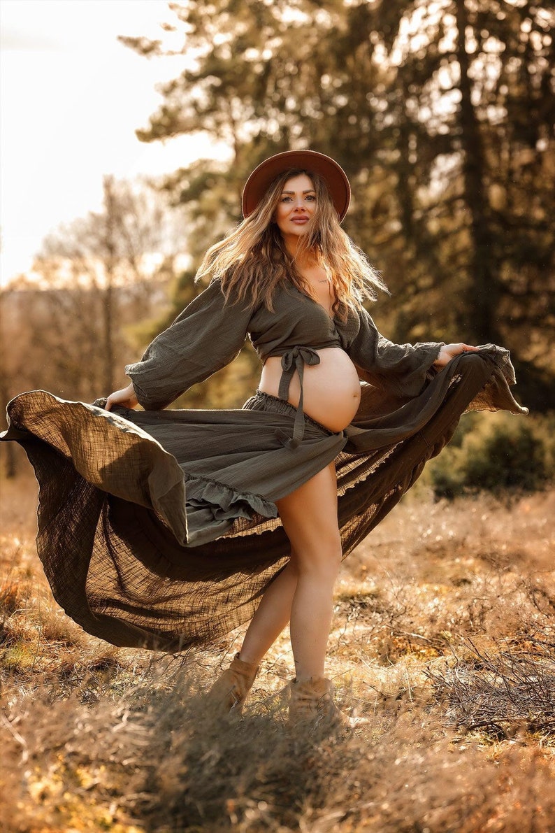 Naomi Boho-tweedelige damesjurk Mousseline Vintage top en rok Kleed je voor de zwangerschapssessie Foto rekwisieten Zwangerschapsfotoshoot khaki