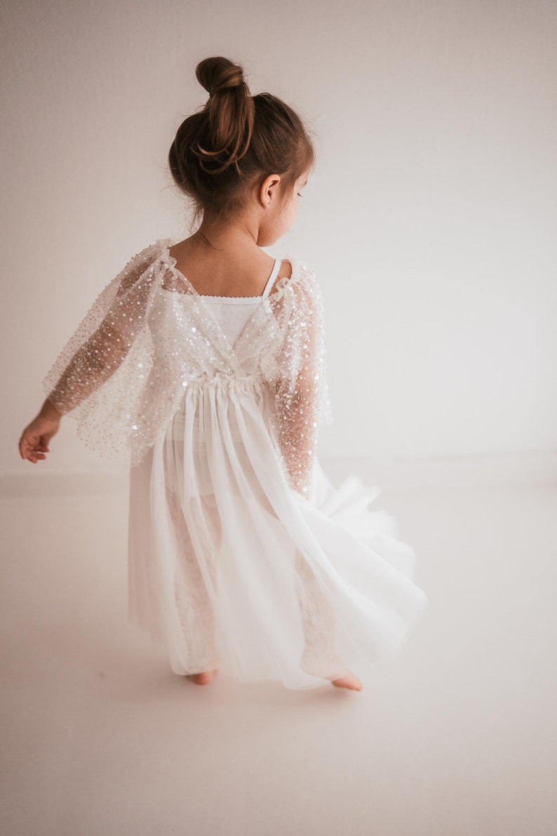 Little Chloe White Girls Boho Dress Tulle & Sequins Vintage Dresses For Children Bohemian Natural Clothing Kids Little Retro Fashion 画像 4