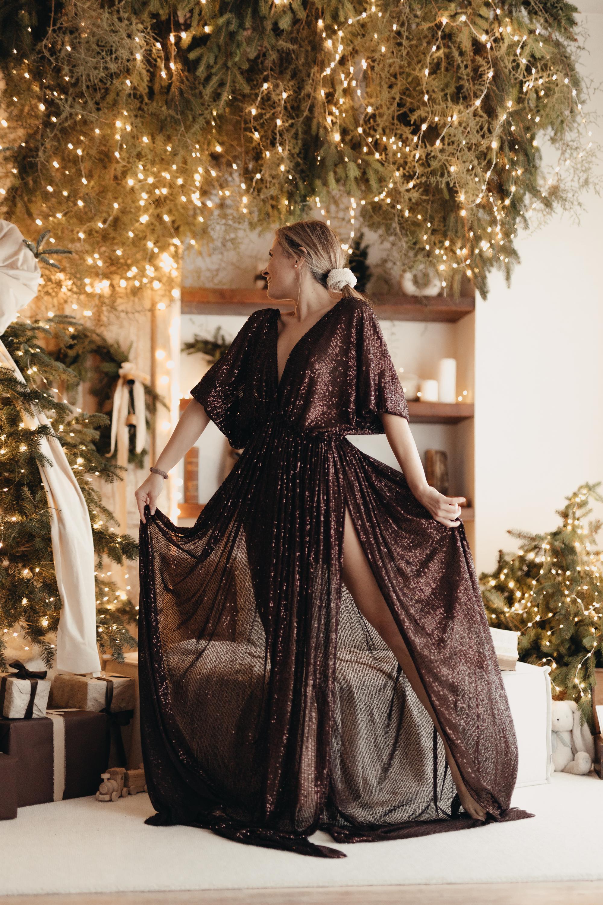 white christmas dresses Momyknows Sparkly Diamond Rhinestone Mesh Slit Long Sleeve Mermaid Sheer Maternity Elegant Baby Shower Party Maxi Dress Coffee / M