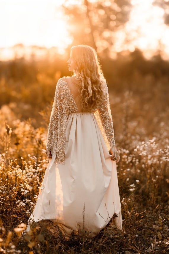 sheer pearl maternity dress Elena | Elegant Pearl Beaded Maternity Dress: Open Back Photo Shoot Gown