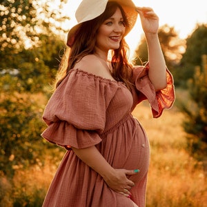 Madlen Boho-jurk voor dames Mousseline vintage jurk Kleed je voor de sessie Zwangerschapsjurk Foto rekwisieten Jurk voor zwangerschap fotoshoot pink brick
