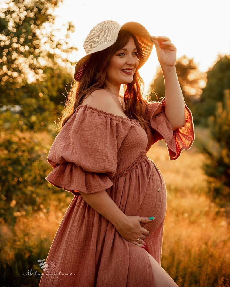 Madlen Boho-jurk voor dames Mousseline vintage jurk Kleed je voor de sessie Zwangerschapsjurk Foto rekwisieten Jurk voor zwangerschap fotoshoot pink brick