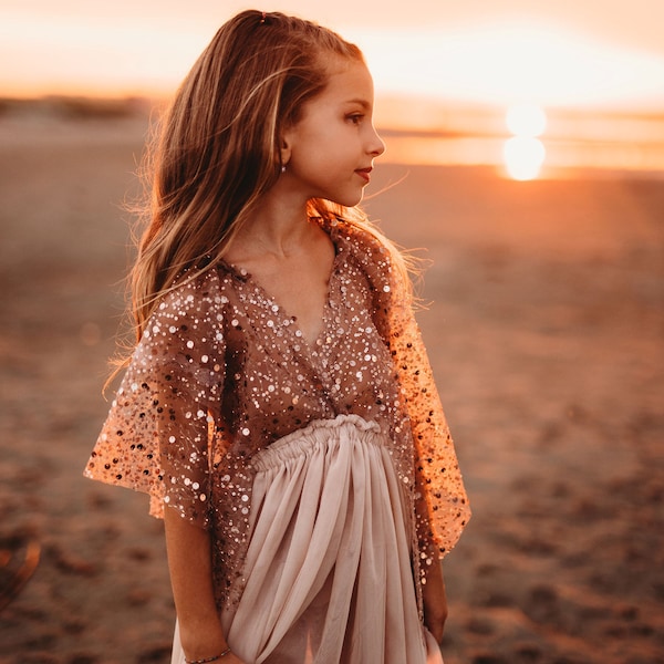 Kleine Chloe meisjes Boho jurk | Tule en pailletten Vintage jurken voor kinderen | Boho natuurlijke kleding | Kinderen kleine retromode