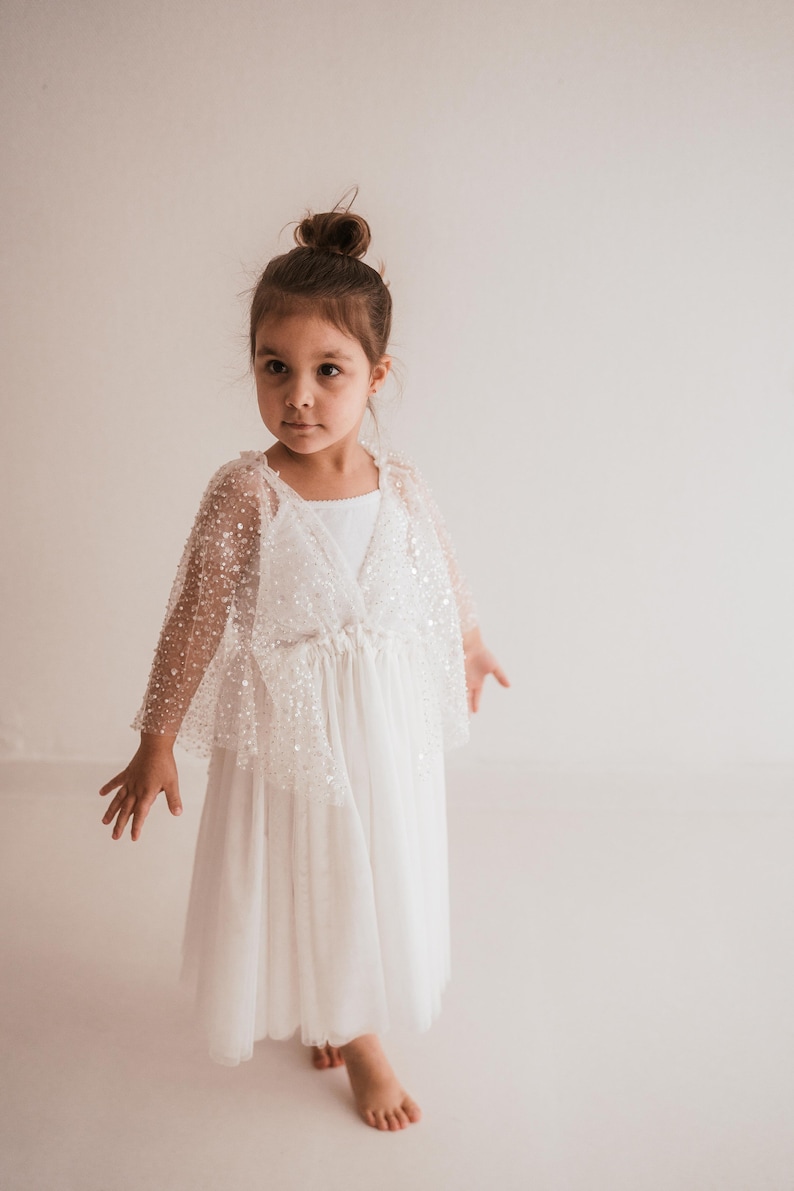 Little Chloe White Girls Boho Dress Tulle & Sequins Vintage Dresses For Children Bohemian Natural Clothing Kids Little Retro Fashion 画像 5