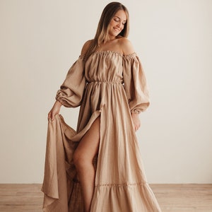 Olena Damen Boho-Kleid Musselin Vintage Kleid Kleid für die Sitzung Umstandskleid Foto-Requisiten Kleid für das Schwangerschaftsfotoshooting beige