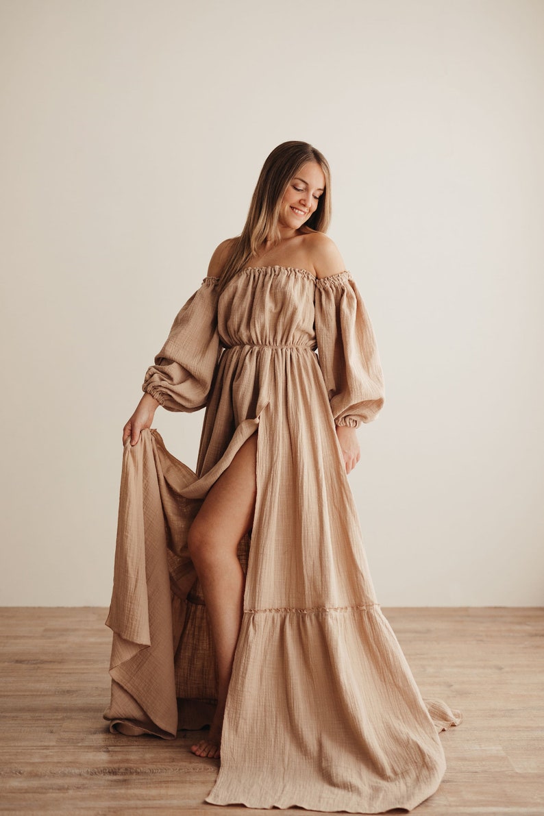 Olena Damen Boho-Kleid Musselin Vintage Kleid Kleid für die Sitzung Umstandskleid Foto-Requisiten Kleid für das Schwangerschaftsfotoshooting beige