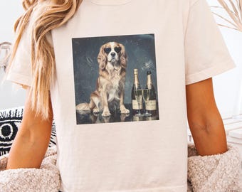 Funny Spaniel Dog With Champagne And Sunglasses Comfort Colors® 3023CL Women's Boxy Tee, Funny Dog Shirt, Cute Dog Tee