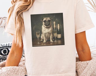 Funny Pug Dog With Champagne And Sunglasses Comfort Colors® 3023CL Women's Boxy Tee, Funny Dog Shirt, Cute Dog Tee