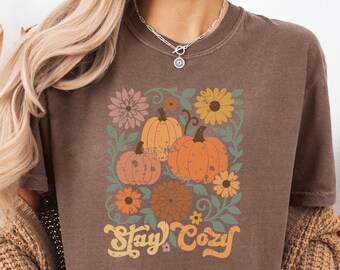 Retro bleiben gemütliches Shirt, Boho Kürbis Shirt, Distressed Herbst Shirt, Floral Herbst Kürbis, Retro Herbst Shirt, Geschenk Tshirt, Geschenk für sie