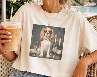 Funny Cavalier King Charles Spaniel Dog With Champagne And Sunglasses Comfort Colors® 3023CL Women's Boxy Tee, Funny Dog Shirt, Cute Dog Tee