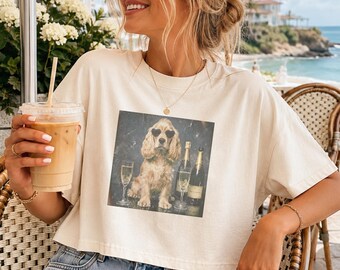 Funny Cocker Spaniel Dog With Champagne And Sunglasses Comfort Colors® 3023CL Women's Boxy Tee, Funny Dog Shirt, Cute Dog Tee