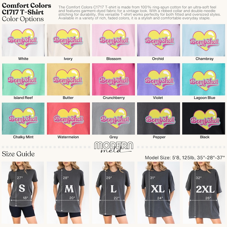 K&ouml;nnte beinhalten: Eine Comfort Colors C1717 T-Shirt-Farb&uuml;bersicht mit f&uuml;nfzehn Varianten eines gelben Herzmotivs mit dem Text Bombshell. Enth&auml;lt eine Gr&ouml;&szlig;entabelle mit Ma&szlig;en in Zoll f&uuml;r die Gr&ouml;&szlig;en S bis 2XL, mit L&auml;ngen von 27 bis 32 Zoll.