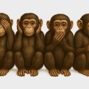 Puede incluir: Ilustración de cuatro chimpancés marrones. Uno se cubre los ojos, otro los oídos, otro la boca y el cuarto mira un smartphone. Pelaje detallado, fondo blanco.