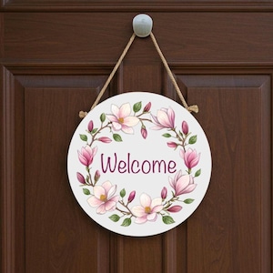 Magnolia flower Door Hanger PNG Spring farmhouse front door Welcome sign PNG sublimation Wind spinner PNG wreath sign Round Front door decor