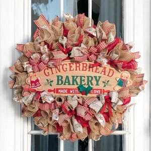 Christmas deco mesh wreath 31&quot;, gingerbread man front door wreath, Gingerbread bakery decor, Winter front porch decoration