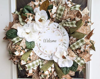 Magnolia Wreath with White Flowers, Farmhouse Front Door Decor