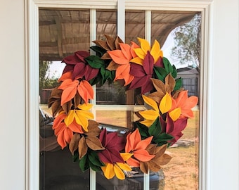 Fall felt wreath, autumn front door wreath 18'' , Thanksgiving Wreath fall leaf fall door hanging.