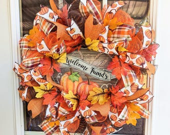 Handmade Fall Pumpkin Deco Mesh Wreath, Thanksgiving Door Decor