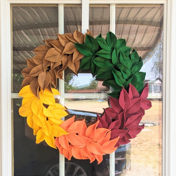 Large Autumn door wreath, leaves felt wreath. Fall outdoor wreath.