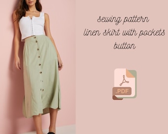 Skirt sewing pattern, Easy sewing pattern, linen skirt with pockets button front skirt pdf sewing pattern