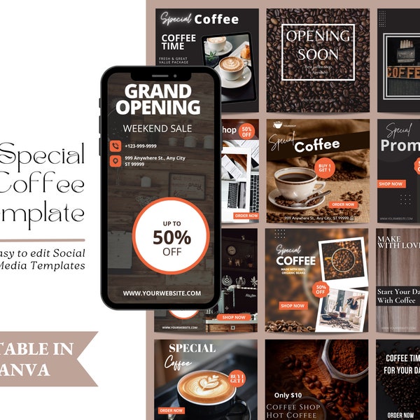 Coffee Template Instagram Post, Coffee Instagram Posts, Canva Cafe Template, Coffee House Design, Coffee Order Delivery, Social Media Kit