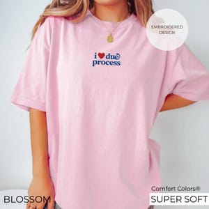 May include: A light pink t-shirt with the phrase "i ❤️ due process" embroidered in red and blue. The shirt is labeled "Blossom" and "Comfort Colors Super Soft".