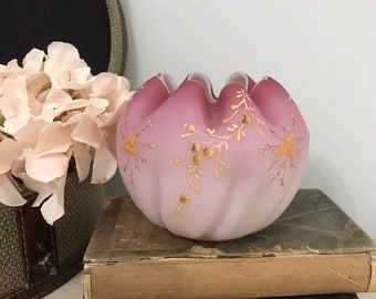 Vintage Pink White Cased Satin Glass Rose Bowl Crimped Vase Enamel