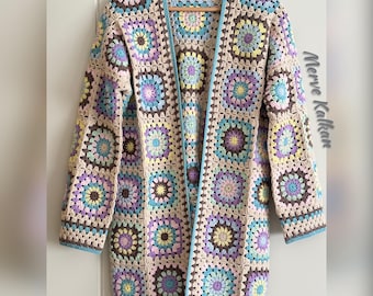 Handmade Granny Square Crochet Cardigan: Boho Hippie Cotton Coat