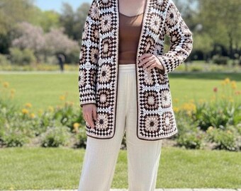 Granny Square Cardigan, Knitted Crochet Coat, Cotton Patchwork Cardigan, Hippi Jacket, Boho Cardigan, Handmade Crochet Cardigan,