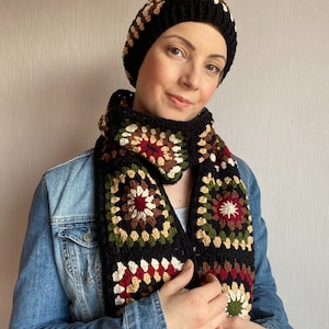 set sciarpa e berretto all&#39;uncinetto, sciarpa quadrata della nonna, set sciarpa e berretto, sciarpa afghana all&#39;uncinetto, sciarpa nera, regalo per lei, sciarpa di Gigi Hadid