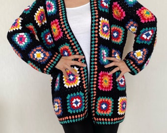 Granny Square Afghan Cardigan, Knitted Crochet Coat, Cotton Patchwork Cardigan, Hippi Jacket, Boho Cardigan, Handmade Crochet Cardigan,