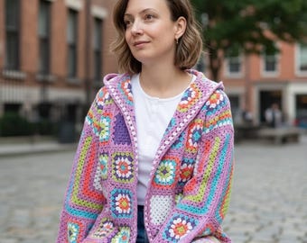 Granny Square Cardigan, Knitted Crochet Coat, Cotton Patchwork Cardigan, Hippi Jacket, Boho Cardigan, Handmade Crochet Cardigan,