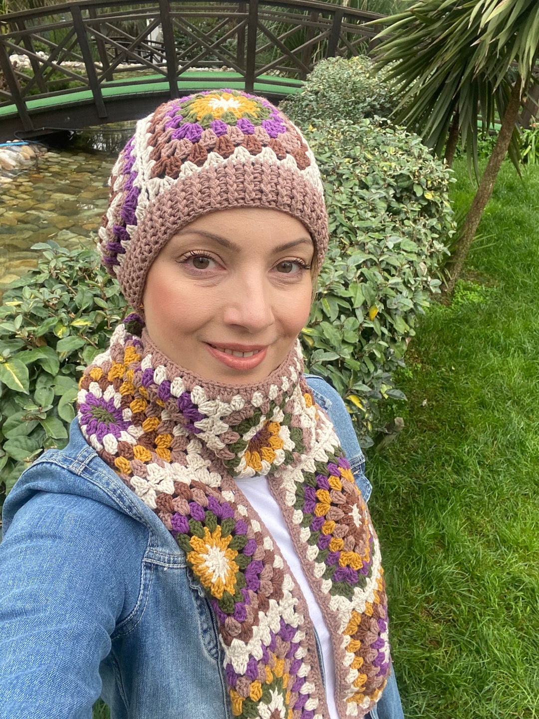 Crochet Scarf and Beanie Set, Granny Square Scarf, Scarf Beanie