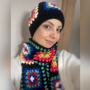 crochet scarf and beanie set, granny square scarf, scarf beanie set, crochet afghan scarf, black scarf, gift for her, gigi hadid scarf