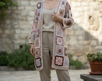 Granny Square Cardigan, Knitted Crochet Coat, Cotton Patchwork Cardigan, Hippi Jacket, Boho Cardigan, Handmade Crochet Cardigan,