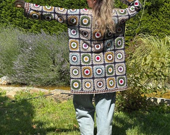 Handmade Granny Square Crochet Cardigan: Boho Hippie Cotton Jacket