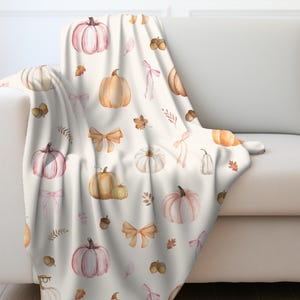 Cozy Autumn Watercolor Pumpkins Lightweight Fall Velveteen Plush Blanket Pink Orange Seasonal Throw Home Decor Gift for Living Room Bedroom