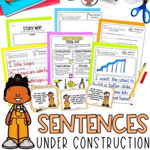 May include: A colourful set of printable educational worksheets for children focusing on sentence writing and grammar skills. The worksheets feature a cartoon character building a slide, a story map, and a tool kit with tips for capitalisation, punctuation, and spelling.