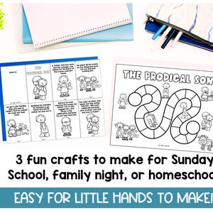 May include: Black and white printable crafts for Sunday school, family night, or homeschool. The crafts include a game board, a story board, and a coloring page. The game board features a snake and ladder design with the title "The Prodigal Son". The story board features illustrations and text about the parable of the prodigal son. The coloring page features a scene from the parable of the prodigal son.