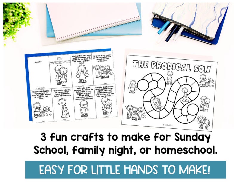 May include: Black and white printable crafts for Sunday school, family night, or homeschool. The crafts include a game board, a story board, and a coloring page. The game board features a snake and ladder design with the title "The Prodigal Son". The story board features illustrations and text about the parable of the prodigal son. The coloring page features a scene from the parable of the prodigal son.